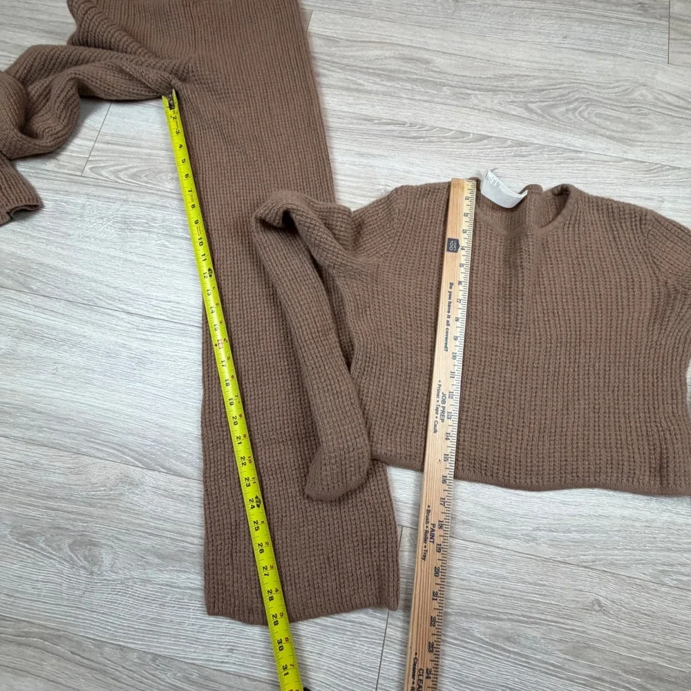 Alo Yoga Cashmere Waffle Knit Set Toasted Almond Crop Top High Waist Pants Sz M